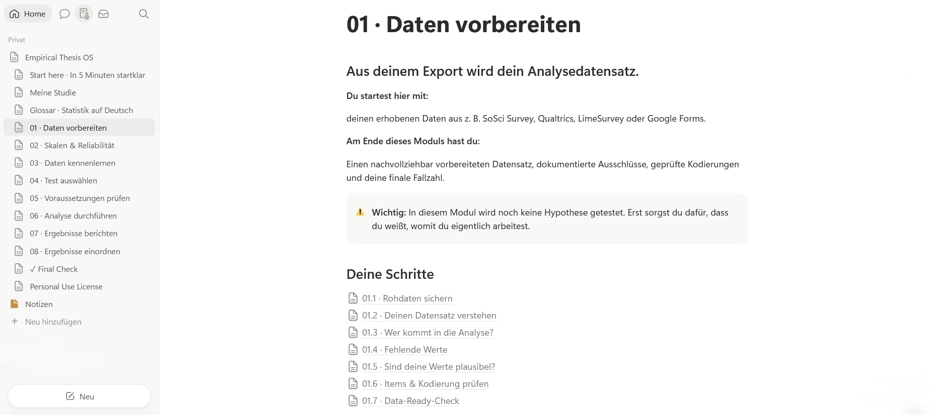Empirical Thesis OS in Notion: Übersicht des Moduls 01 Daten vorbereiten mit sieben Arbeitsschritten